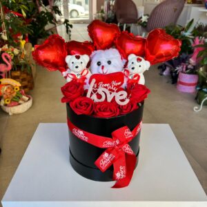 Yapay Güllü Ayıcıklı Balonlu Aranjman