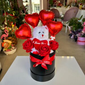 Yapay Gül Balon ve Ayıcıklı Kutu Aranjmanı